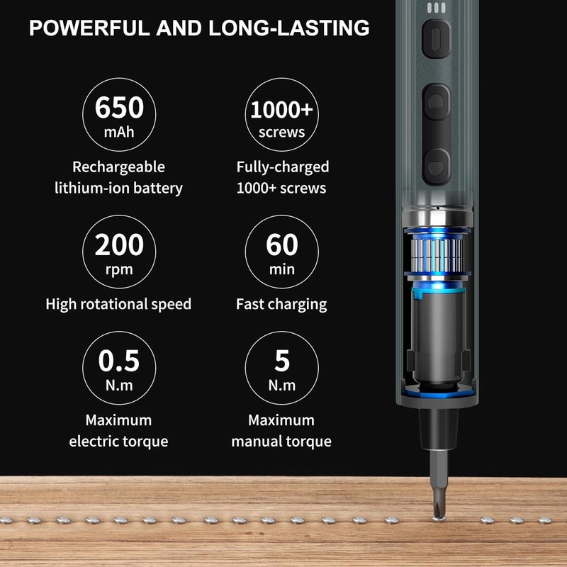 STREBITO Electric Screwdriver 155 in 1 Mini Electric Screwdriver Set, Max 5 N.m, 140 S2 Magnetic Bits, 3 Torque Settings, 650mAh Power Screwdriver Cordless Rechargeable, Repair Tool Kit for PC Phone - Image 3
